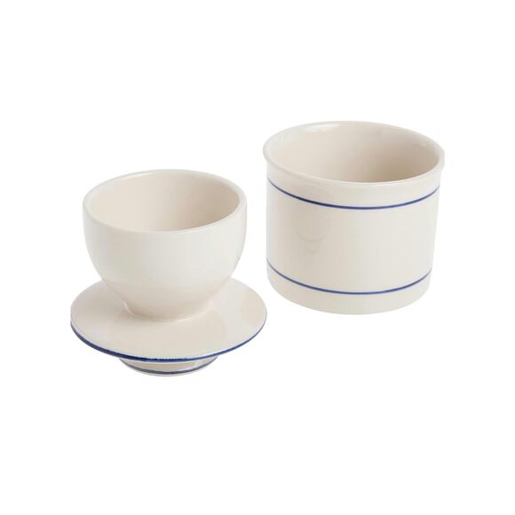 Butter Bell Countertop French Ceramic Dish Keeper White with Blue Trim - Picture 2 of 9